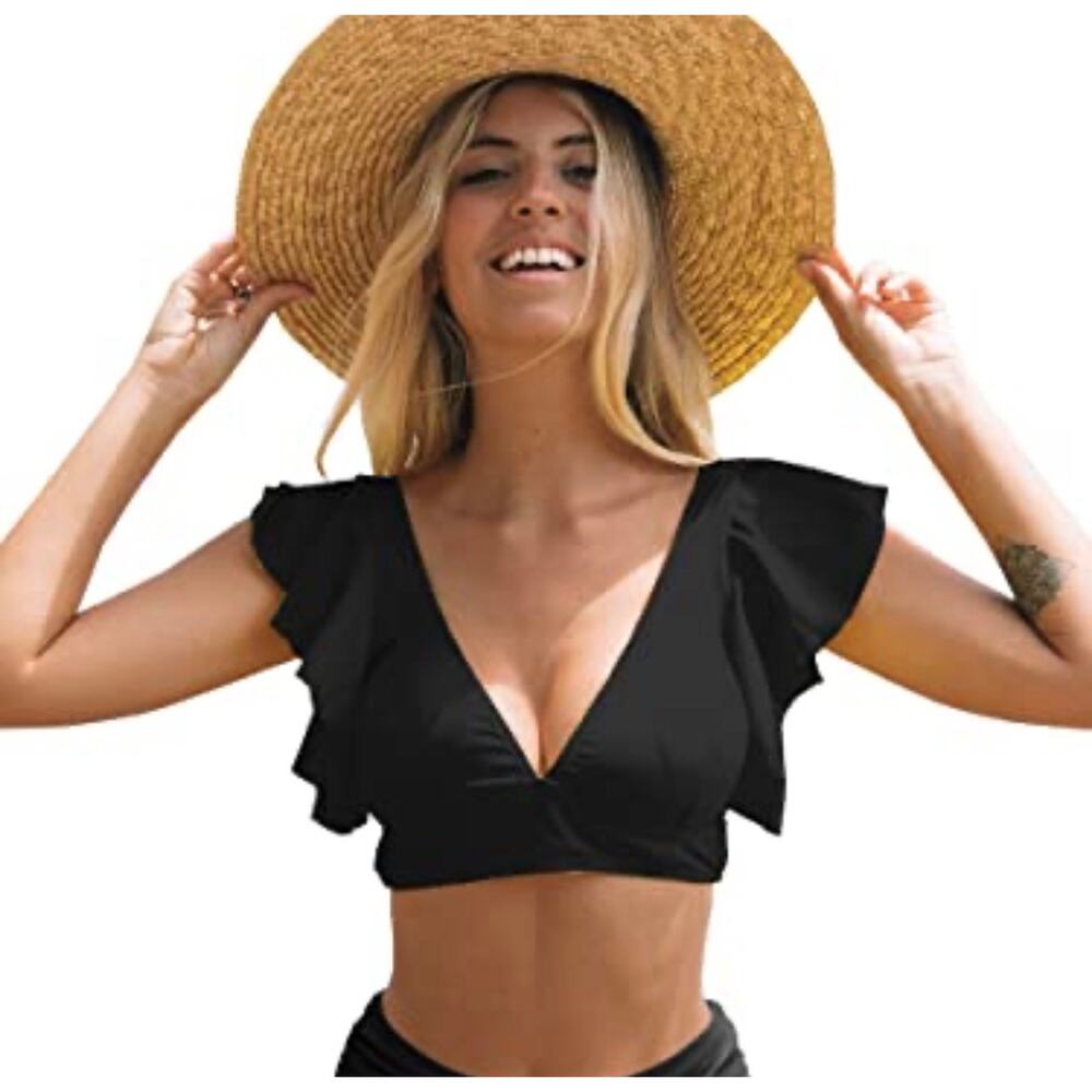 NWT Sporlike Ruffle Sleeve Bikini Top Deep V-Neck Black Women's L Removable Pads